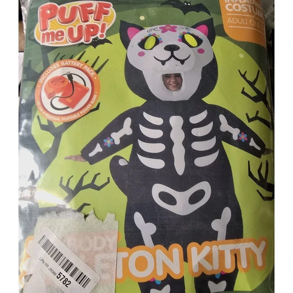 Black Skeleton Cat Inflatable Pet Costume with Pink Accents
